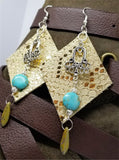 Shiny Metallic Gold Diamond Shaped Real Leather Earrings with Silver Chandelier, Magnesite, and Glass Bead Dangles