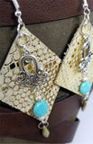 Shiny Metallic Gold Diamond Shaped Real Leather Earrings with Silver Chandelier, Magnesite, and Glass Bead Dangles