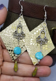 Shiny Metallic Gold Diamond Shaped Real Leather Earrings with Silver Chandelier, Magnesite, and Glass Bead Dangles