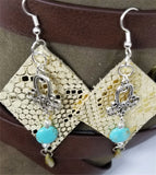 Shiny Metallic Gold Diamond Shaped Real Leather Earrings with Silver Chandelier, Magnesite, and Glass Bead Dangles