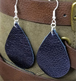 Shiny Dark Indigo Tear Drop Shaped Real Leather Earrings