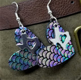 Mermaid Scales Leather Heart Earrings with Silver Texas Charms with Heart Cutouts