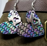 Mermaid Scales Leather Heart Earrings with Silver Texas Charms with Heart Cutouts