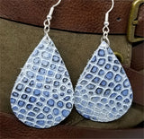 Silver and Blue Embossed Teardrop Shaped Leather Earrings