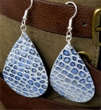 Silver and Blue Embossed Teardrop Shaped Leather Earrings