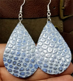 Silver and Blue Embossed Teardrop Shaped Leather Earrings