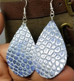 Silver and Blue Embossed Teardrop Shaped Leather Earrings