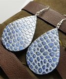 Silver and Blue Embossed Teardrop Shaped Leather Earrings