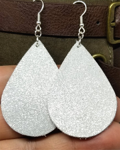 Shimmering White Tear Drop Shaped Real Leather Earrings