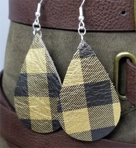 Black and Metallic Gold Plaid Teardrop Earrings with Surgical Steel Earwires