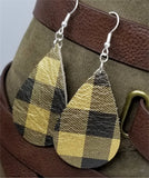 Black and Metallic Gold Plaid Teardrop Earrings with Surgical Steel Earwires
