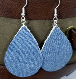 Denim Finish Tear Drop Shaped Real Leather Earrings