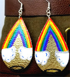 Metallic Gold Teardrop Earrings with Hand Painted Pot of Gold at the End of the Rainbow OOAK