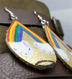 Metallic Gold Teardrop Earrings with Hand Painted Pot of Gold at the End of the Rainbow OOAK
