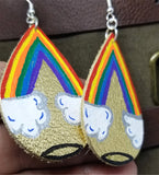 Metallic Gold Teardrop Earrings with Hand Painted Pot of Gold at the End of the Rainbow OOAK