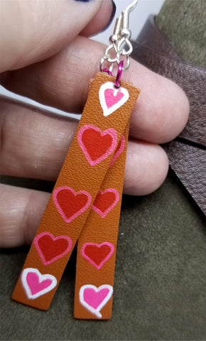 Hand Painted Hearts on Brown Real Leather Strip Earrings