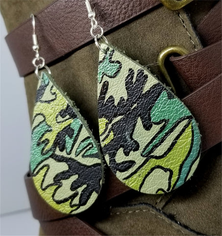 Soft Real Leather Painted Camouflage Teardrop Earrings
