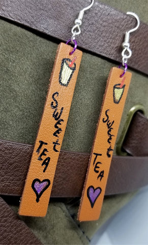 Hand Painted Sweet Tea Themed on Brown Real Leather Strip Earrings