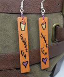 Hand Painted Sweet Tea Themed on Brown Real Leather Strip Earrings