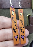 Hand Painted Sweet Tea Themed on Brown Real Leather Strip Earrings