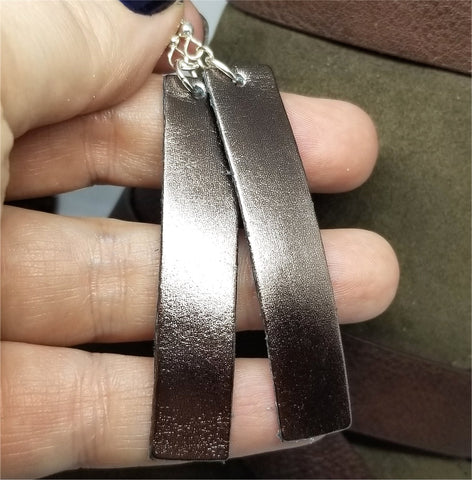 Dark Bronze Metallic Finished Long Rectangular Real Leather Earrings
