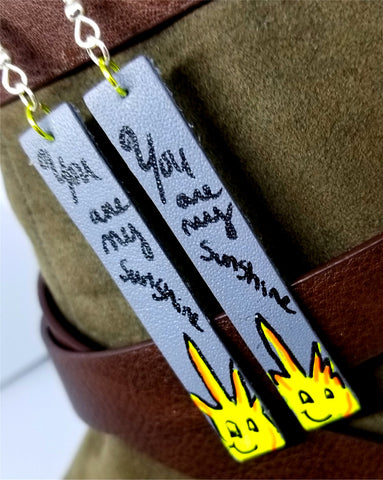 You Are My Sunshine Hand Painted on Gray Real Leather Strip Earrings