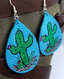 Hand Painted Southwestern Scene on Blue Real Leather Teardrop Earrings