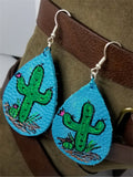 Hand Painted Southwestern Scene on Blue Real Leather Teardrop Earrings