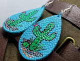 Hand Painted Southwestern Scene on Blue Real Leather Teardrop Earrings