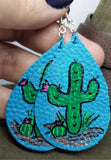 Hand Painted Southwestern Scene on Blue Real Leather Teardrop Earrings