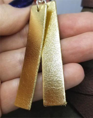 Gold Metallic Finished Long Rectangular Real Leather Earrings
