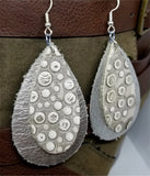 Metallic Silver Tear Drop Shaped Real Leather Earrings with Dot Embossed Gray Teardrop Overlay