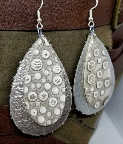 Metallic Silver Tear Drop Shaped Real Leather Earrings with Dot Embossed Gray Teardrop Overlay