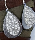 Metallic Silver Tear Drop Shaped Real Leather Earrings with Dot Embossed Gray Teardrop Overlay