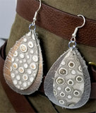 Metallic Silver Tear Drop Shaped Real Leather Earrings with Dot Embossed Gray Teardrop Overlay