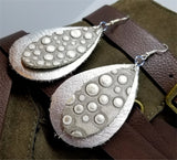 Metallic Silver Tear Drop Shaped Real Leather Earrings with Dot Embossed Gray Teardrop Overlay
