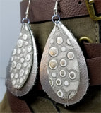 Metallic Silver Tear Drop Shaped Real Leather Earrings with Dot Embossed Gray Teardrop Overlay