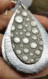 Metallic Silver Tear Drop Shaped Real Leather Earrings with Dot Embossed Gray Teardrop Overlay