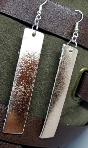 Rose Gold Metallic Finished Long Rectangular Real Leather Earrings