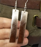 Rose Gold Metallic Finished Long Rectangular Real Leather Earrings