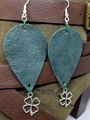 Dark Green Teardrop Shaped Leather Earrings with a Shamrock Charm Dangles