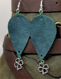 Dark Green Teardrop Shaped Leather Earrings with a Shamrock Charm Dangles