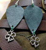 Dark Green Teardrop Shaped Leather Earrings with a Shamrock Charm Dangles