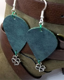 Dark Green Teardrop Shaped Leather Earrings with a Shamrock Charm Dangles