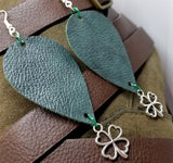 Dark Green Teardrop Shaped Leather Earrings with a Shamrock Charm Dangles