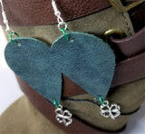 Dark Green Teardrop Shaped Leather Earrings with a Shamrock Charm Dangles