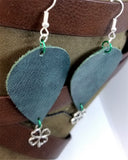 Dark Green Teardrop Shaped Leather Earrings with a Shamrock Charm Dangles