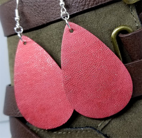 Worn Red Tear Drop Shaped FAUX Leather Earrings