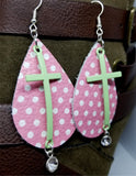 Pink with White Polka Dots Real Leather Earrings with a Pastel Green Cross and Crystal Charm Dangles