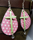Pink with White Polka Dots Real Leather Earrings with a Pastel Green Cross and Crystal Charm Dangles
